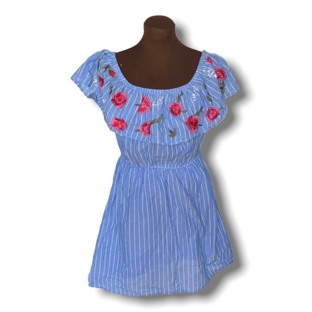 Baby Blue Striped Dress with Floral Neckline sz LG